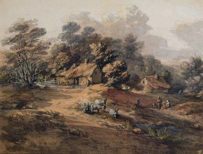 Boeren en ezels bij huisjes aan de rand van een bos door Thomas Gainsborough